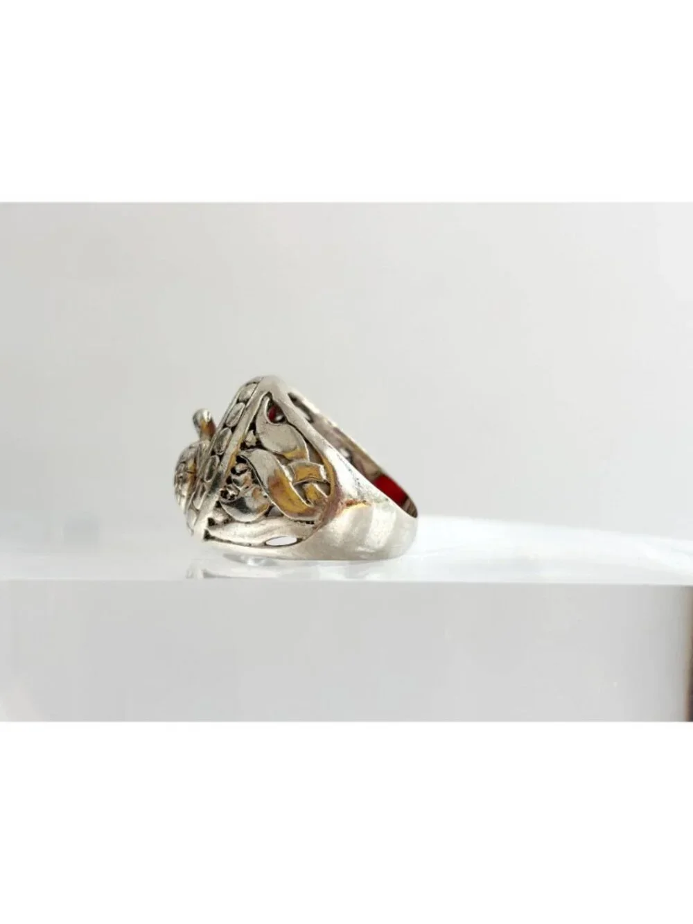 Carnelian Stone Turtle Figural Oval Sterling Silver 925 Vintage Ring - sz 6